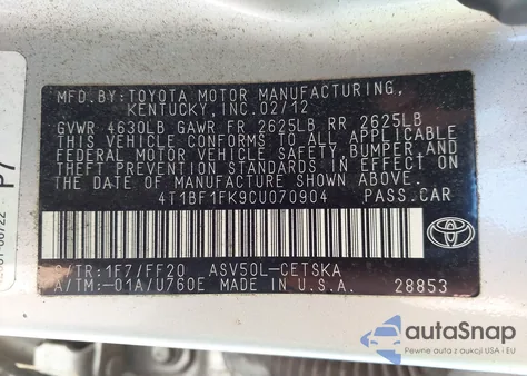 2012 Toyota Camry Se from USA, damaged, VIN 4T1BF1FK9CU070904